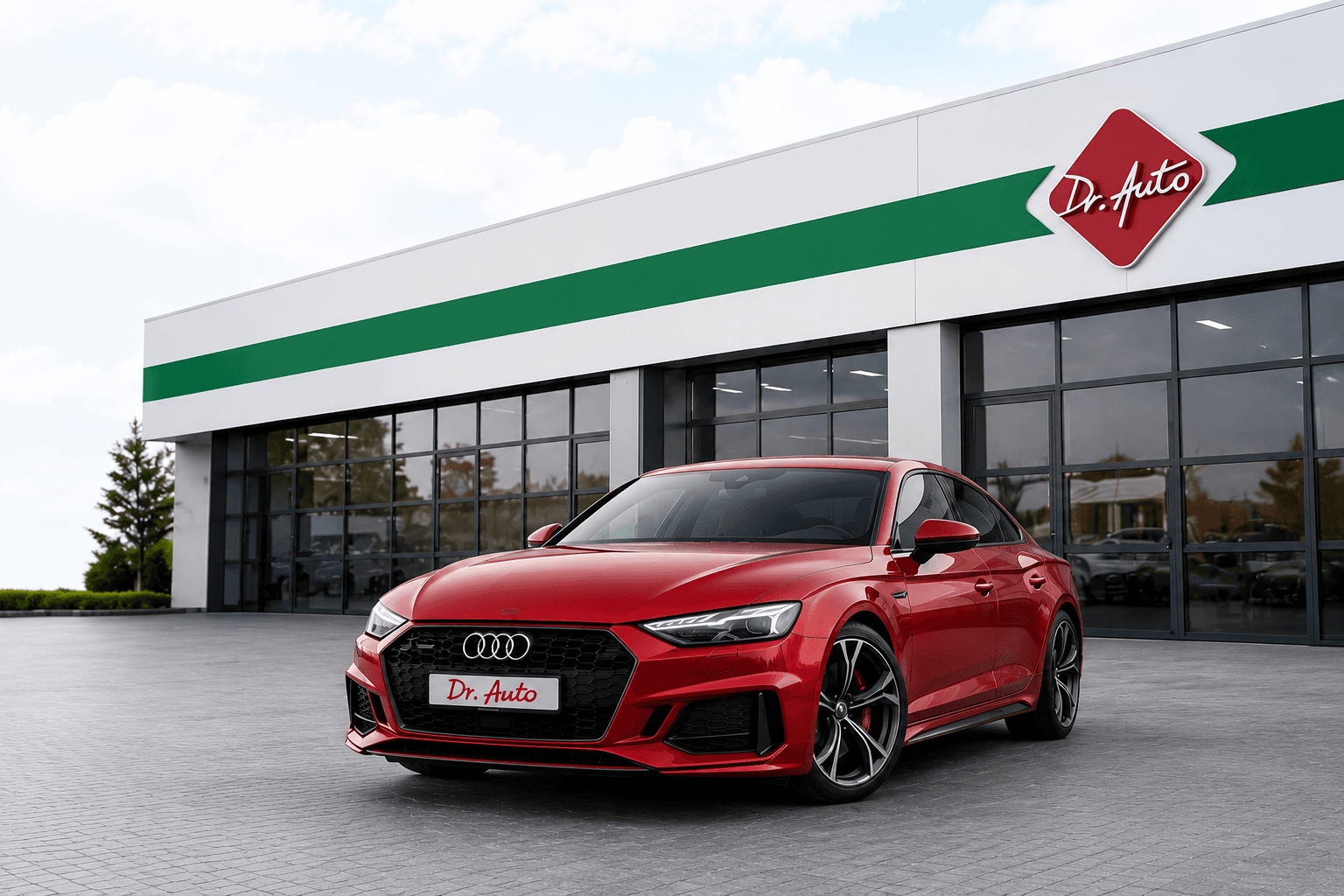 Dr. Auto Service - Audi roșu în fața service-ului